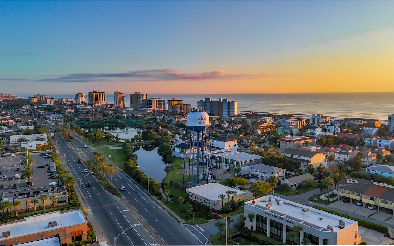 Drone image of HVAC Jacksonville Beach FL city during dusk.